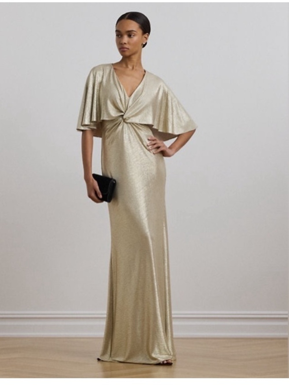 Lauren Ralph Lauren Dress Womens Size 12 Tan Gold Foil Jersey Cape Maxi Gown